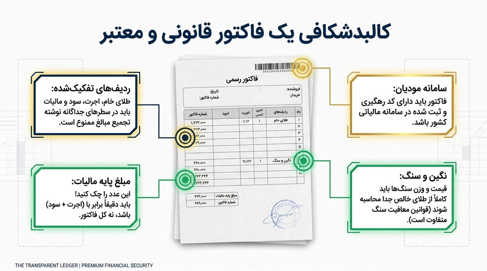 راهنمای کامل و ساده محاسبه مالیات بر ارزش افزوده طلا و جواهر جزئیات فاکتور طلا